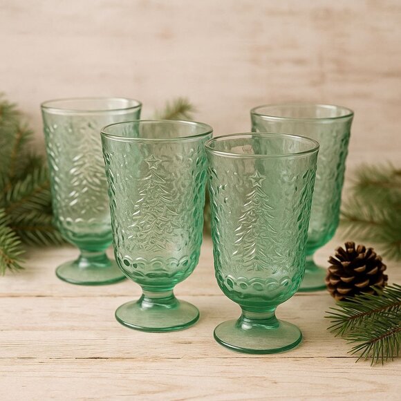 Set of 4 Mikasa Studio Nova “Holiday Cheer” Glasses  Vintage Green Textured Tumb - Picture 2 of 4